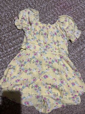 Lemon Yellow Floral Puff-Sleeve Dress with Pink Blossoms